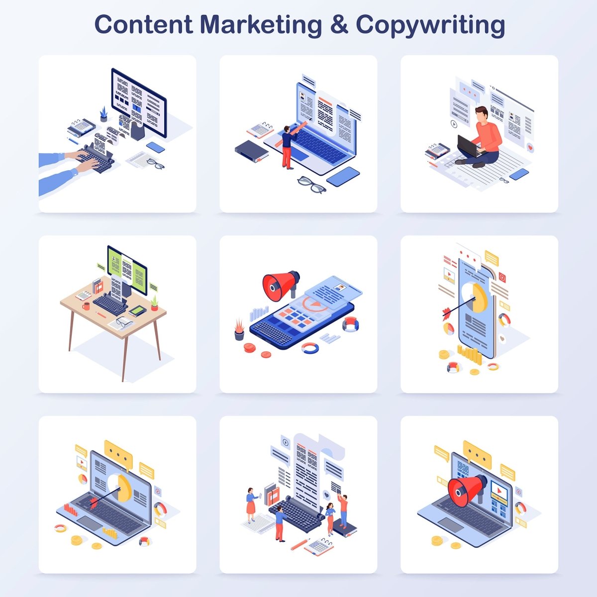 Content marketing & copywriting isometric concept vector icons set