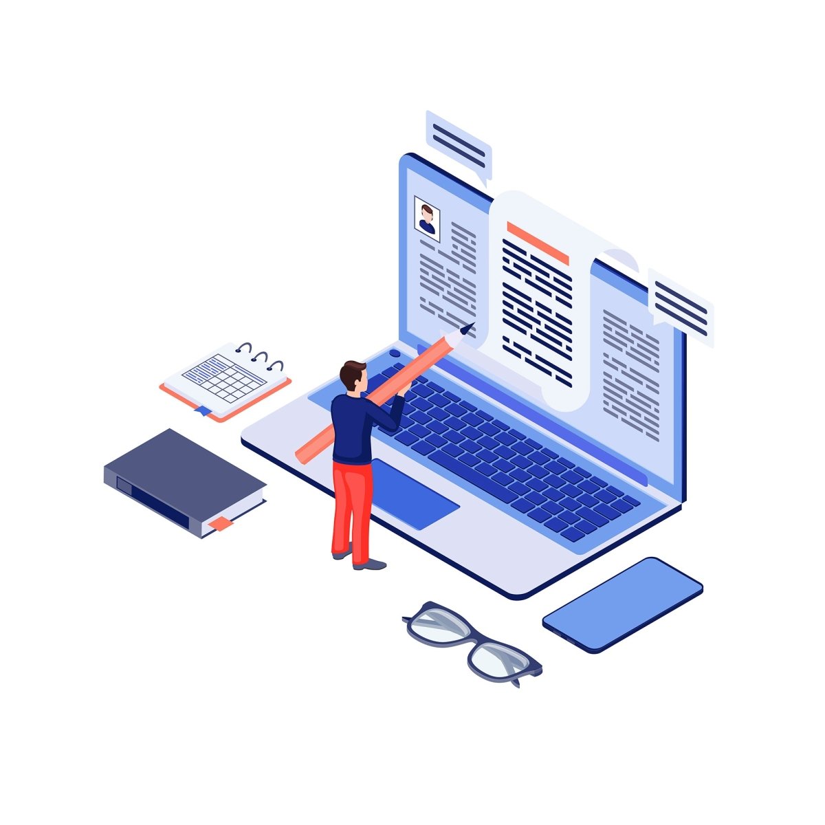 Content marketing & copywriting isometric concept vector icons set