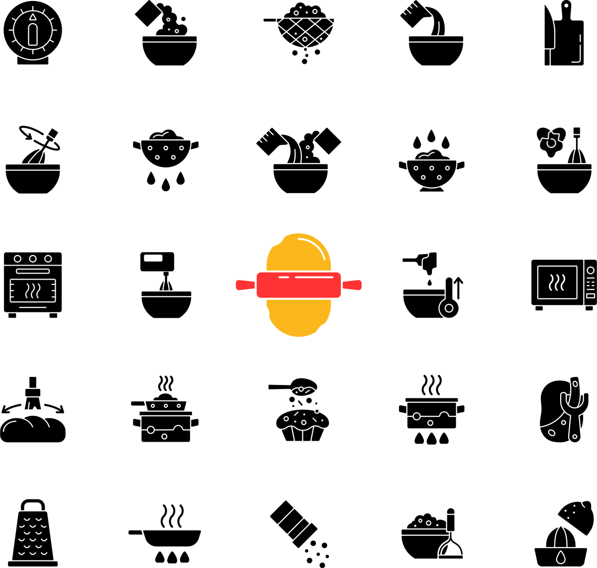 Cooking instruction black glyph icons set on white space