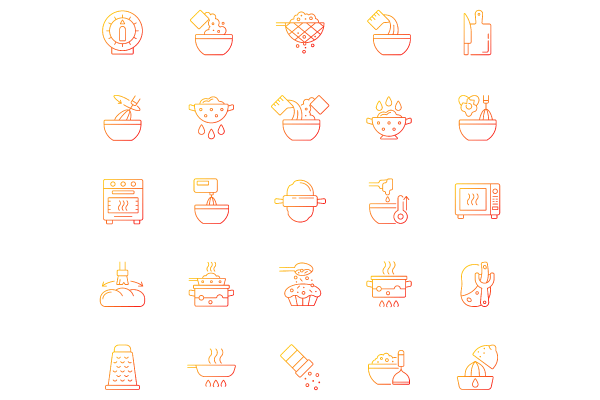 Cooking instruction gradient linear vector icons set