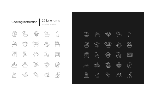 Cooking instruction linear icons set for dark and light mode