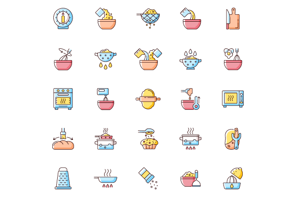 Cooking instruction RGB color icons set