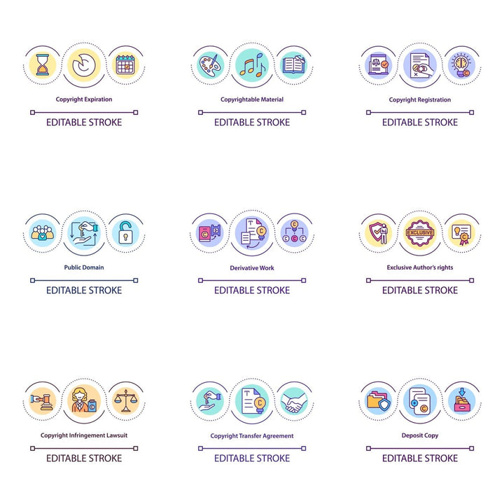 Copyright law concept icons set