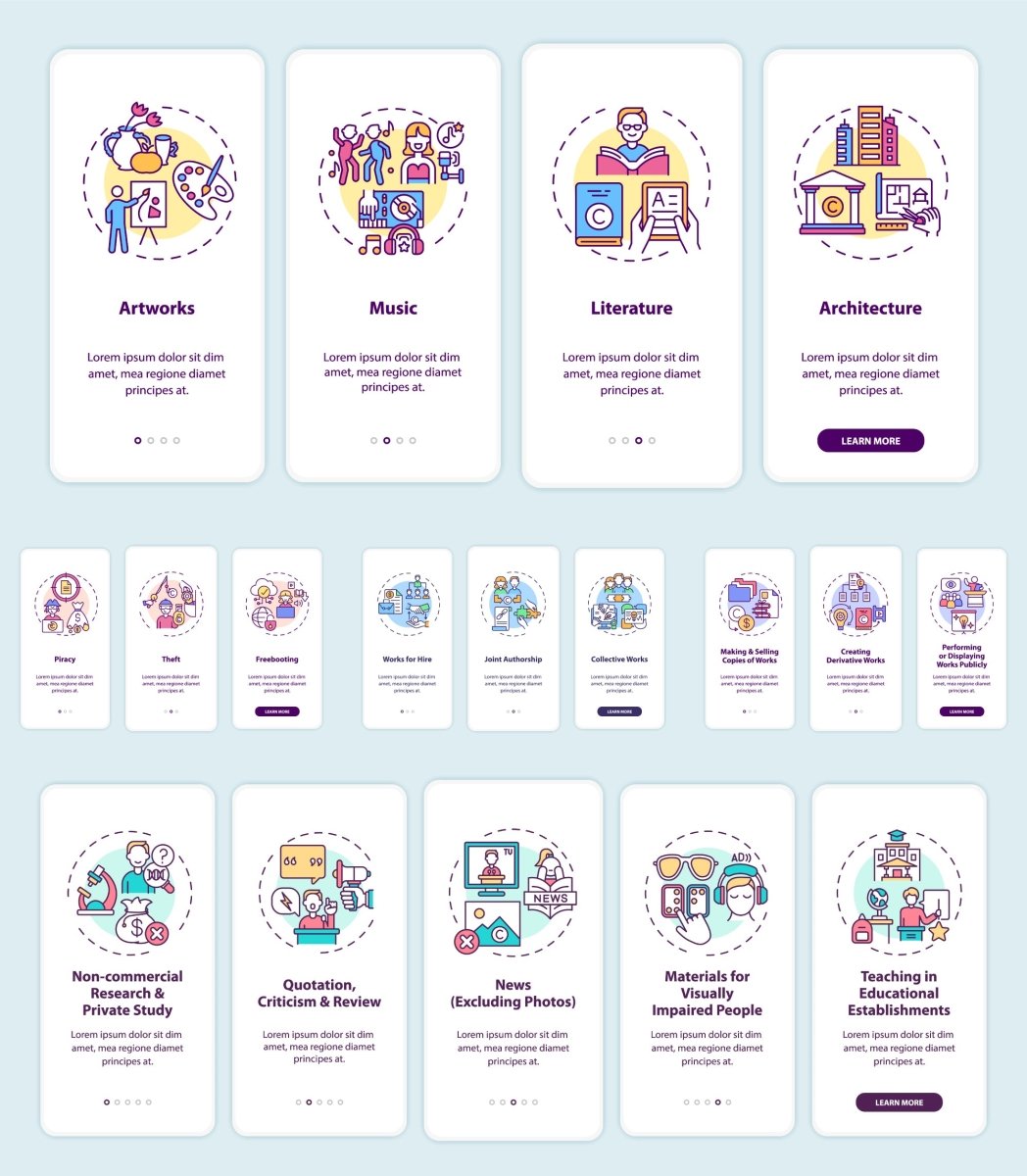 Copyright law protection onboarding mobile app page screen bundle