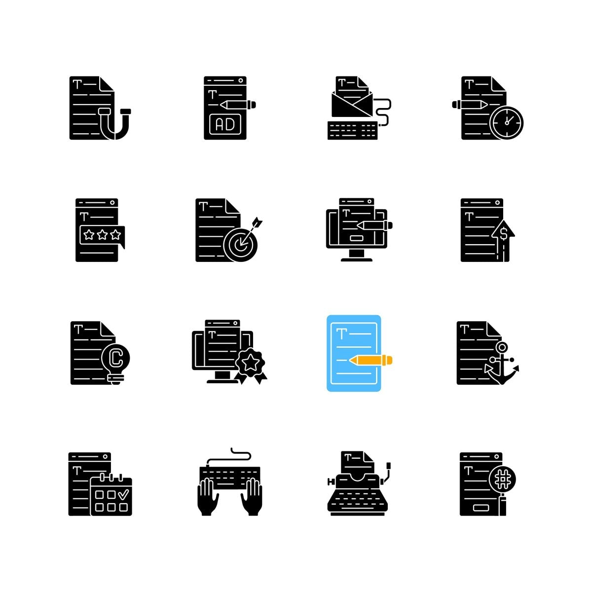 Copywriting black glyph icons set on white space