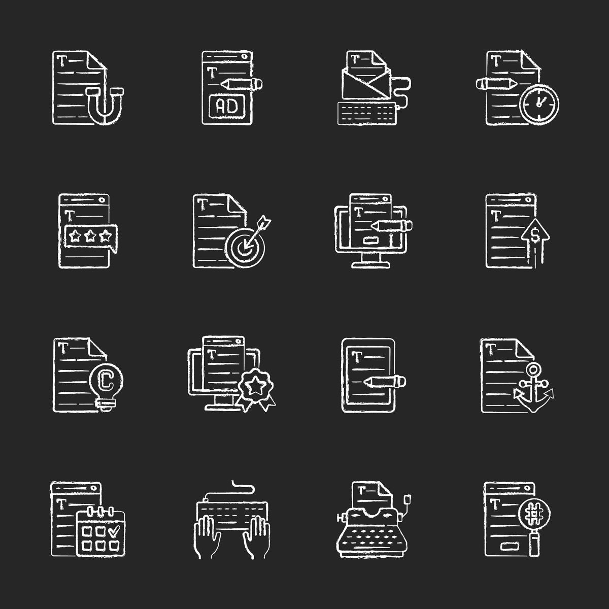 Copywriting chalk white icons set on black background