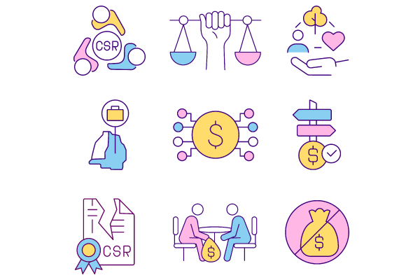 Corporate social responsibility related RGB color icons set
