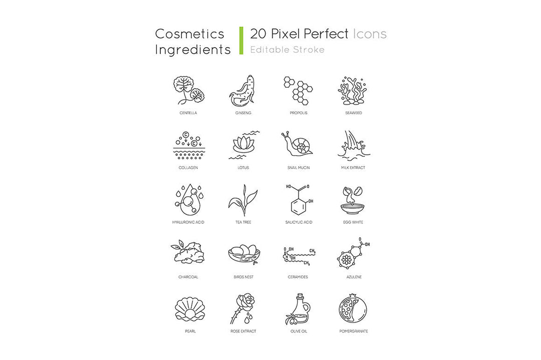 Cosmetic ingredient pixel perfect linear icons set