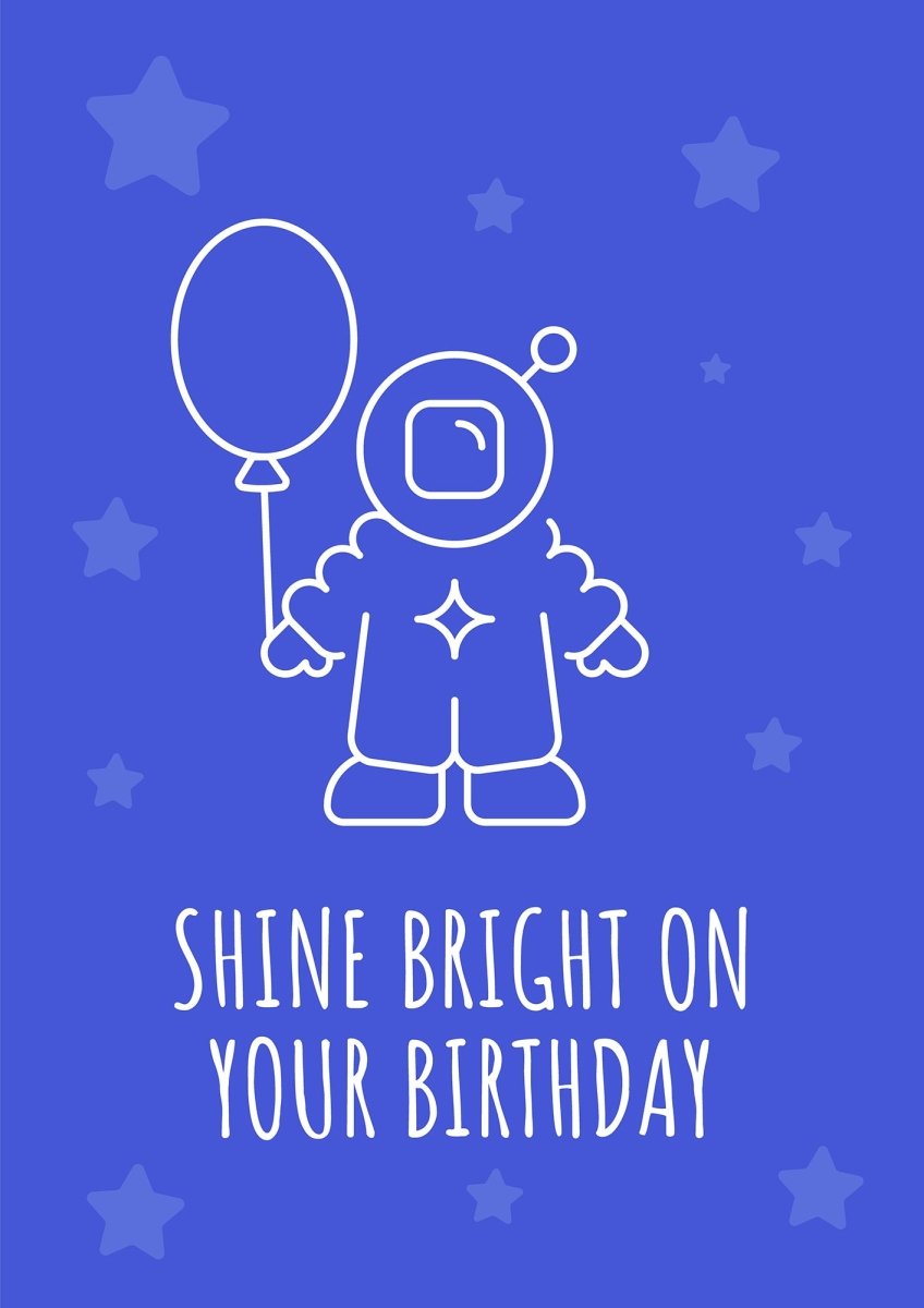 Cosmic birthday celebration postcard with linear glyph icon set