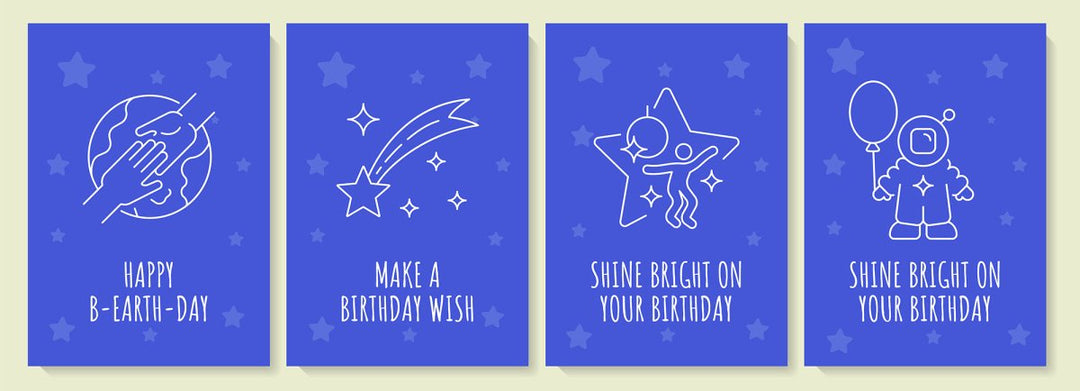 Cosmic birthday celebration postcard with linear glyph icon set