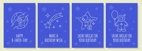 Cosmic birthday celebration postcard with linear glyph icon set