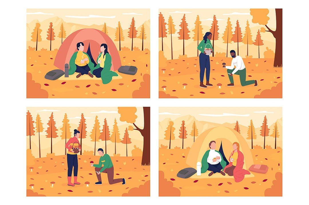Couple camping in autumn flat color vector illustration set