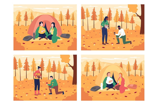 Couple camping in autumn flat color vector illustration set