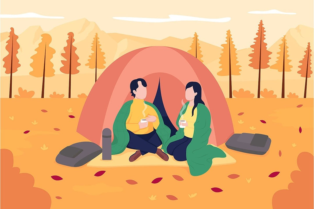 Couple camping in autumn flat color vector illustration set