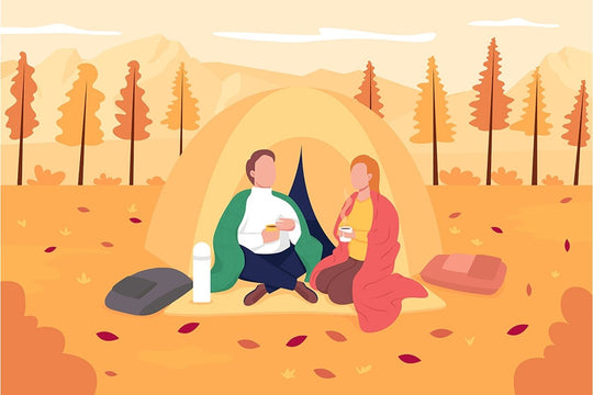 Couple camping in autumn flat color vector illustration set