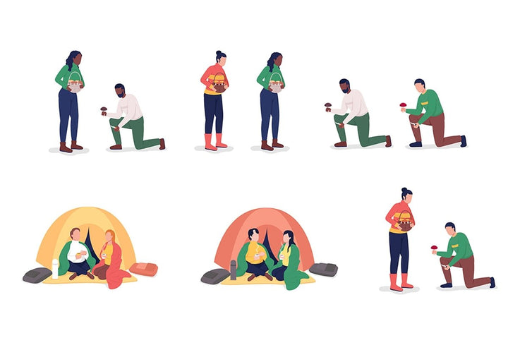 Couple camping in autumn flat color vector illustration set
