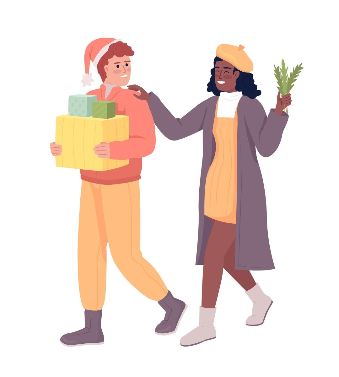 Couple gathering gifts for Christmas party semi flat color vector characters