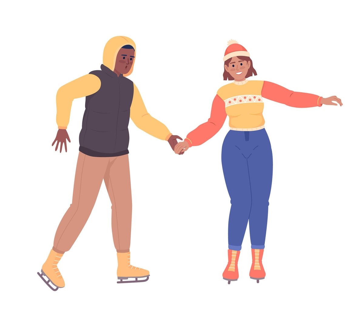 Couple on ice skating date semi flat color vector characters. Editable figures. Full body people on white. Pair skating. Simple cartoon style illustration for web graphic design and animation