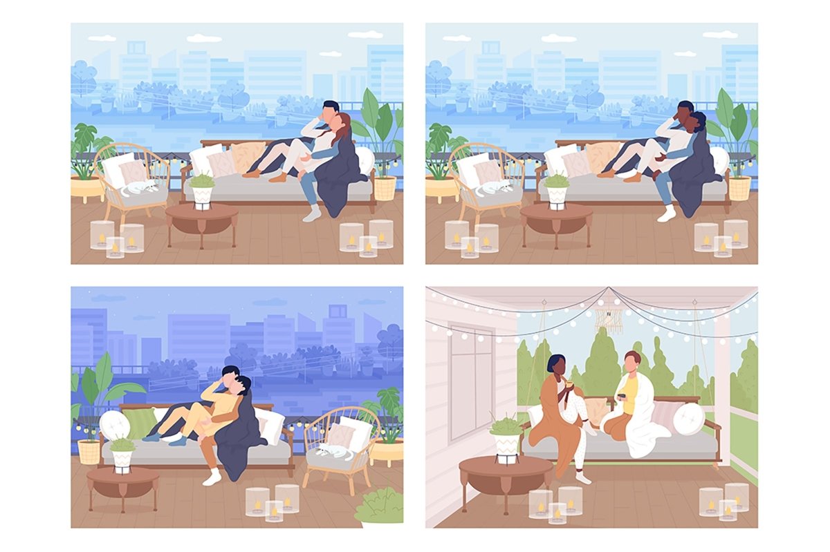 Couple relax outdoor flat color vector illustration set