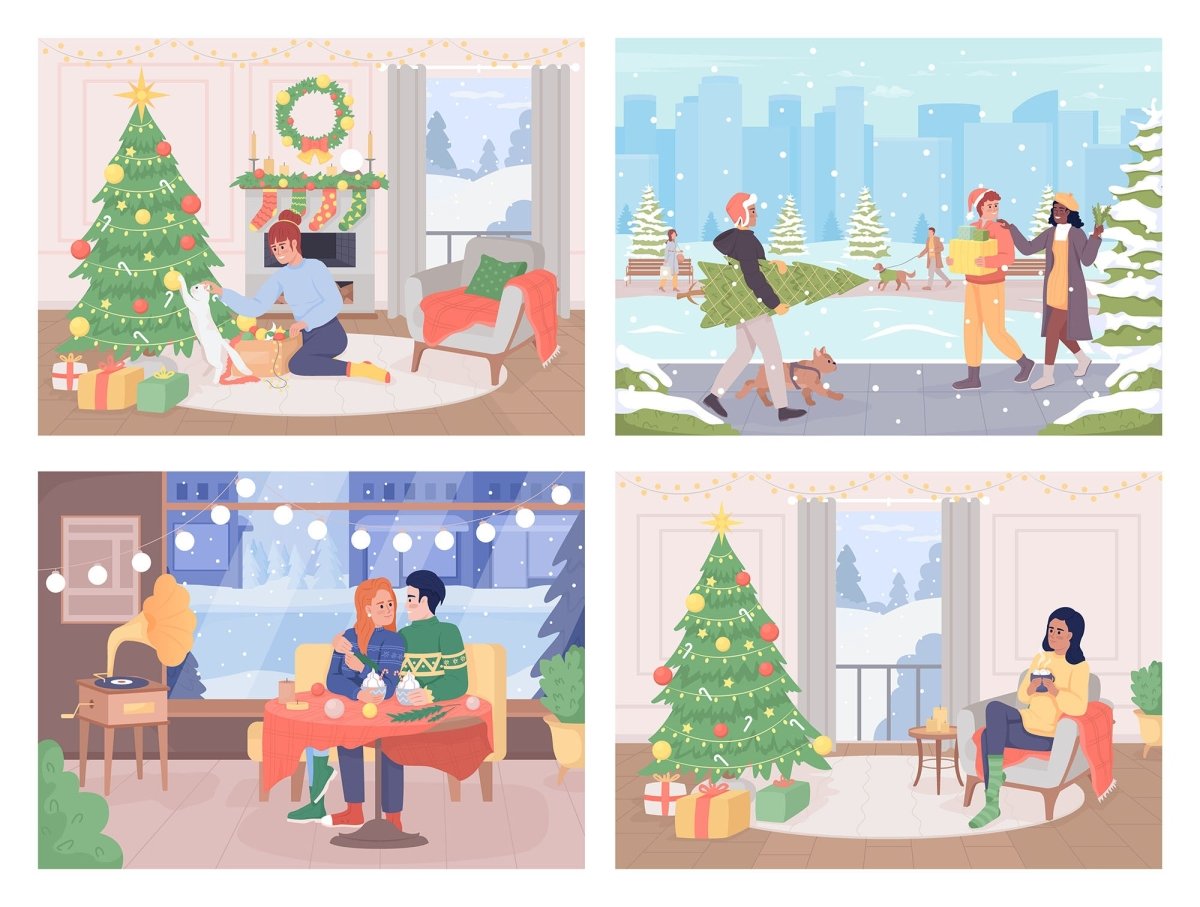Cozy christmas activities flat color vector illustration set