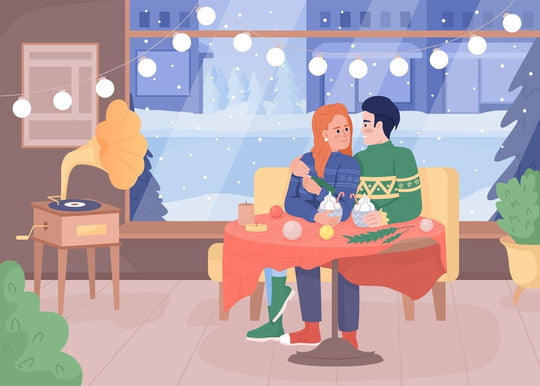 Cozy christmas activities flat color vector illustration set