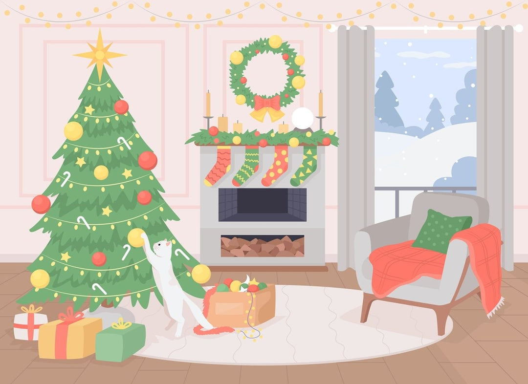 Cozy living room decorating for Chirstmas flat color vector illustration