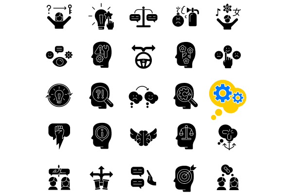 Critical thinking black glyph icons set on white space