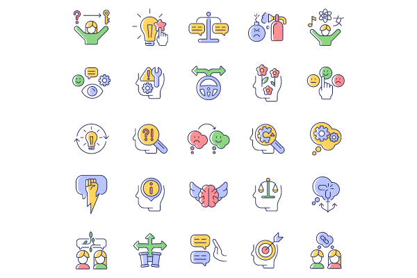 Critical thinking RGB color icons set