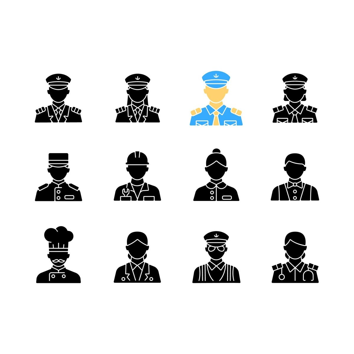 Cruise and hotel staff black glyph icons set on white space