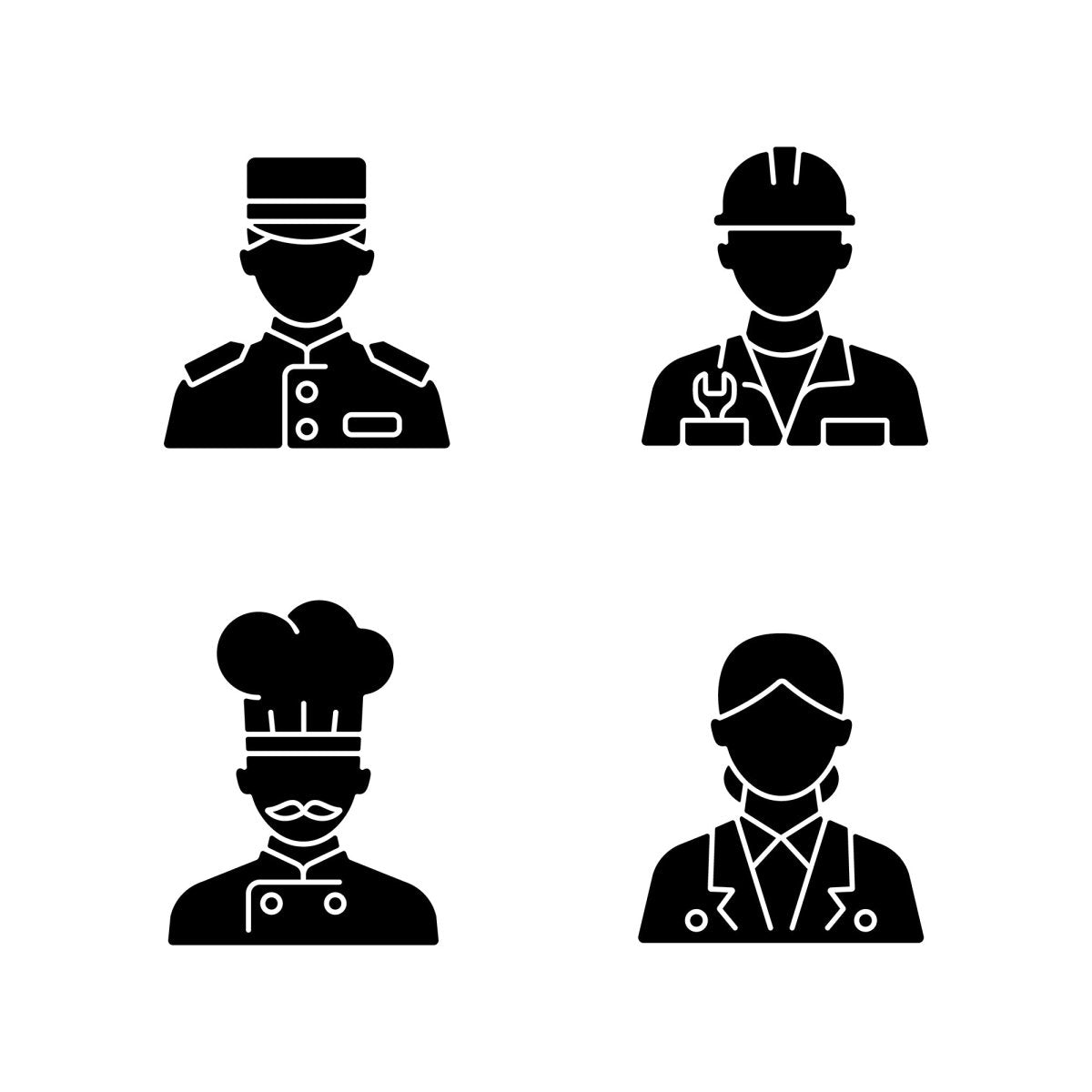 Cruise and hotel staff black glyph icons set on white space