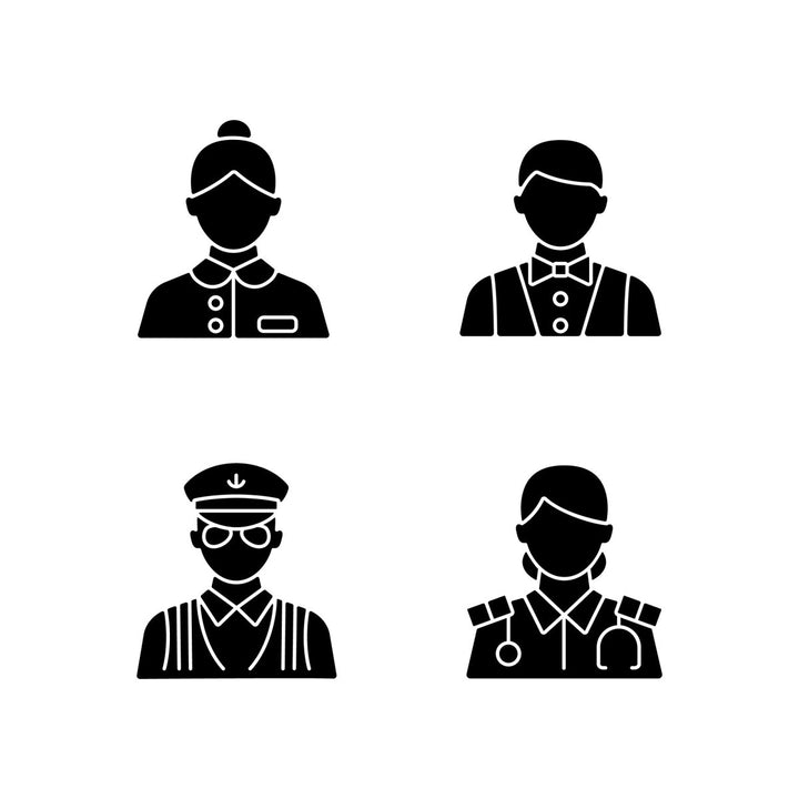Cruise and hotel staff black glyph icons set on white space