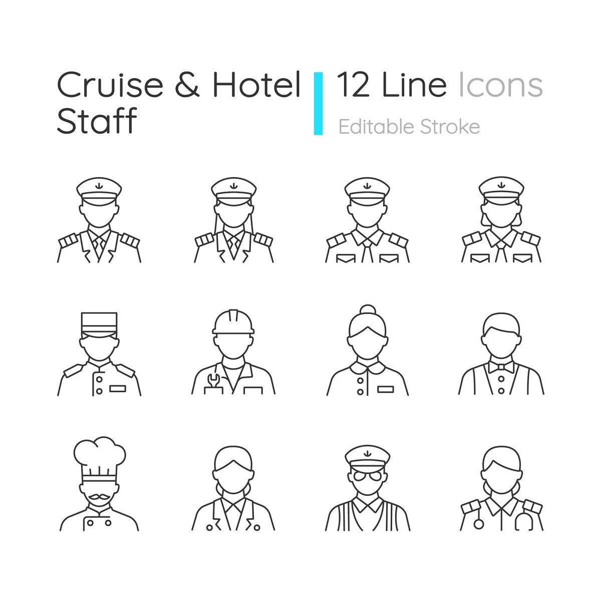 Cruise and hotel staff linear icons set for dark and light mode