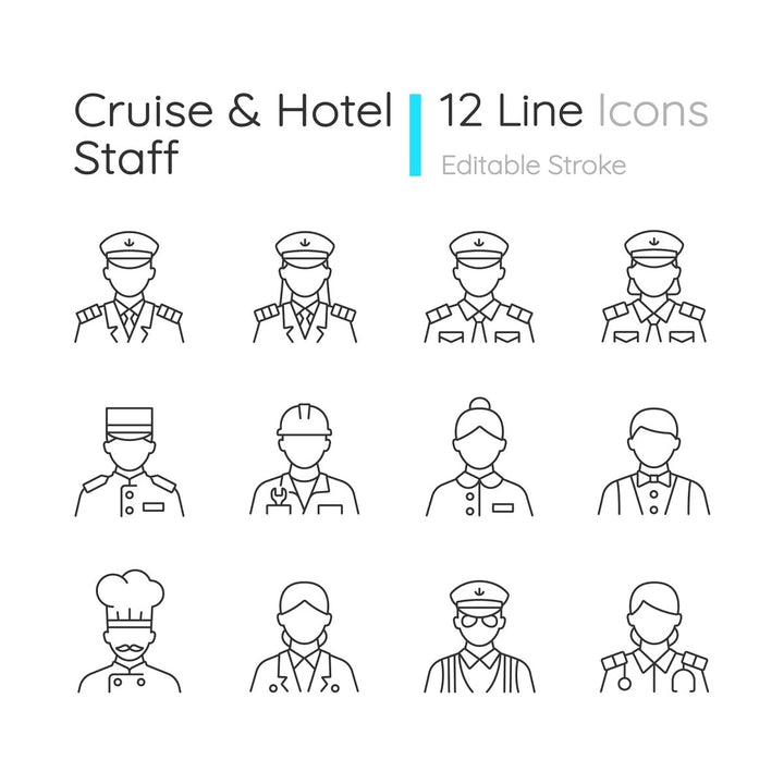 Cruise and hotel staff linear icons set for dark and light mode