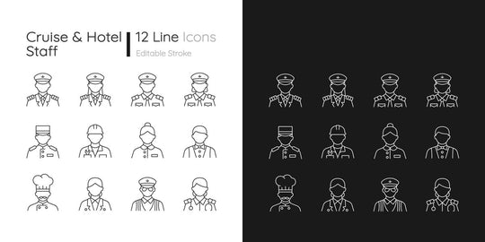 Cruise and hotel staff linear icons set for dark and light mode