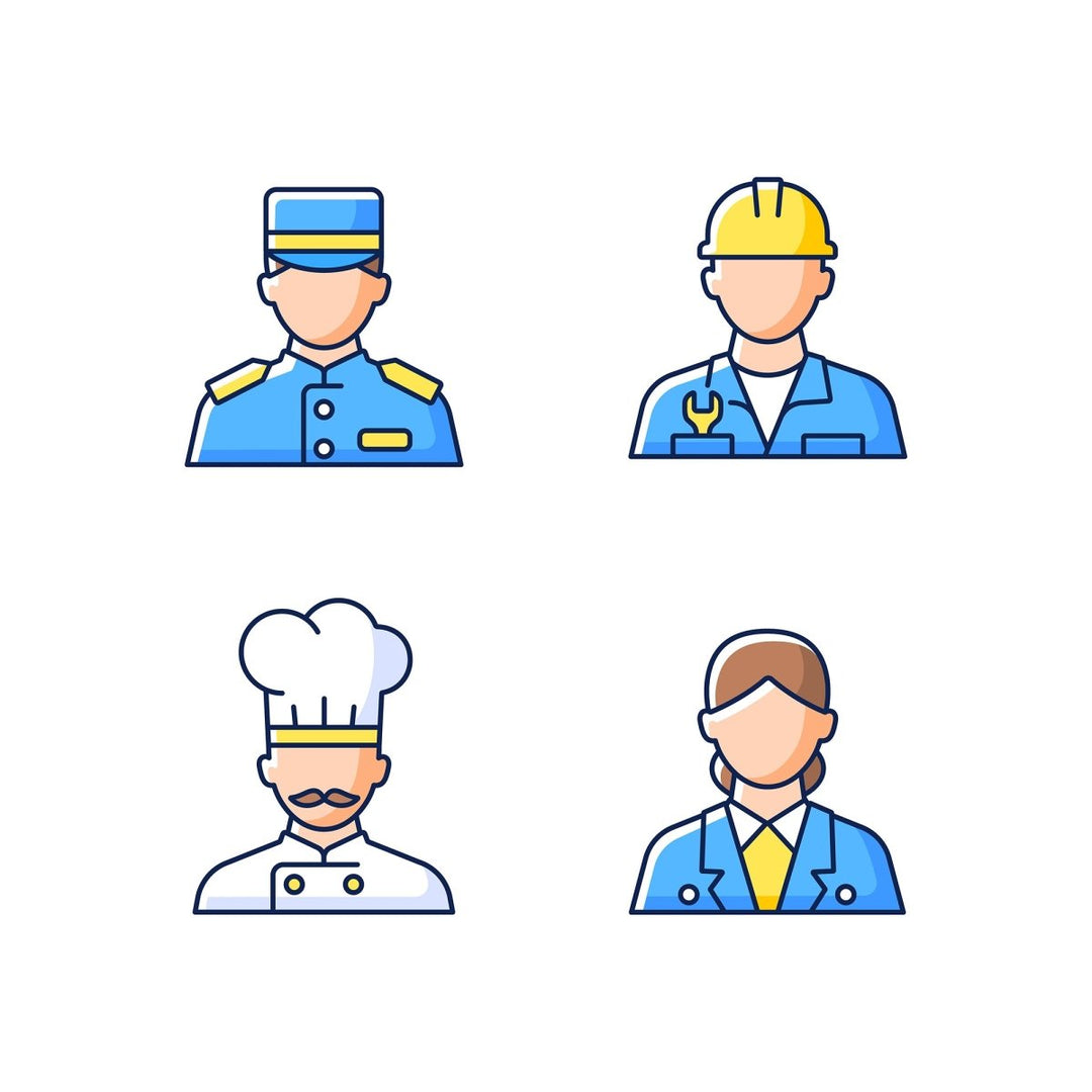 Cruise and hotel staff RGB color icons set