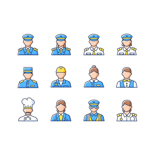 Cruise and hotel staff RGB color icons set