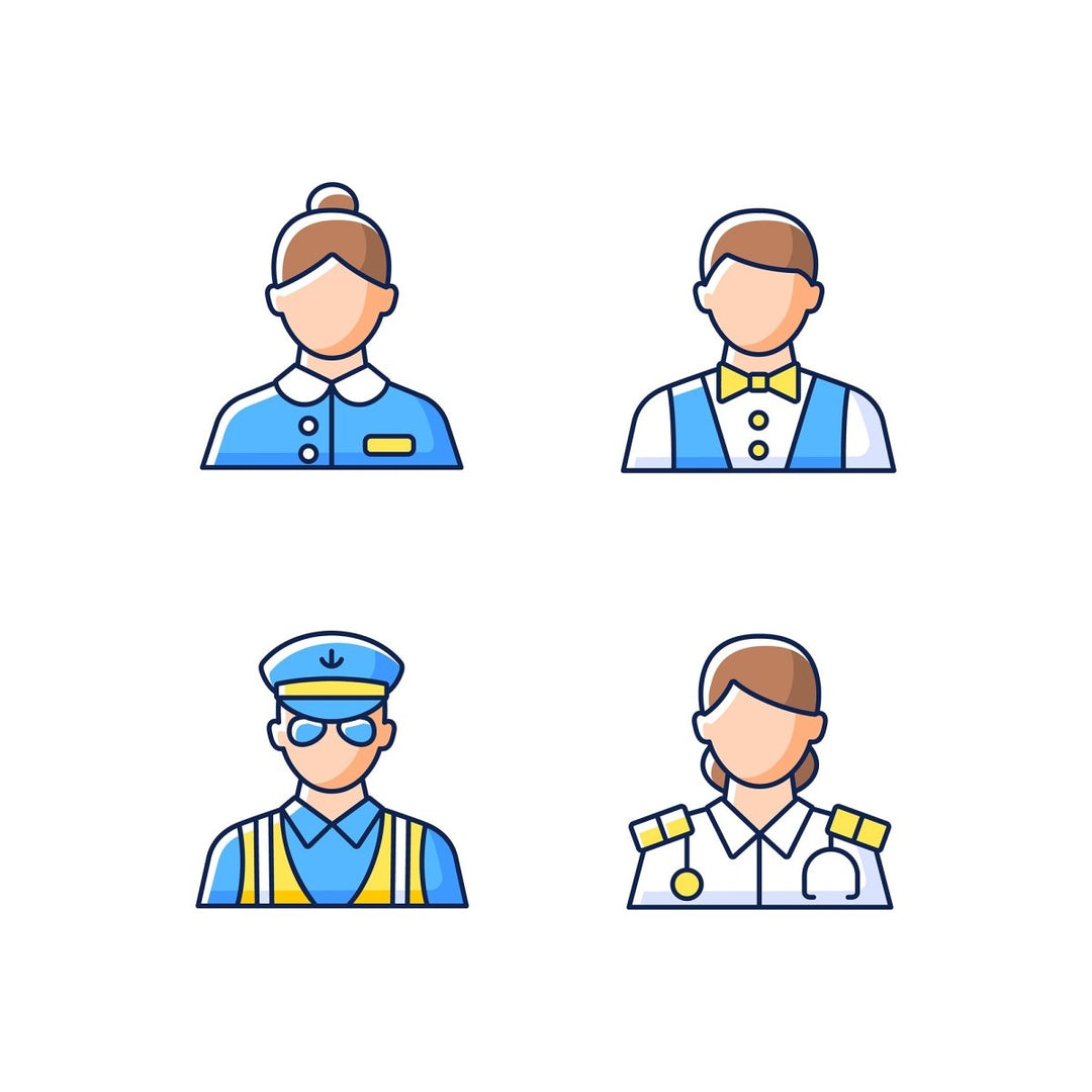Cruise and hotel staff RGB color icons set