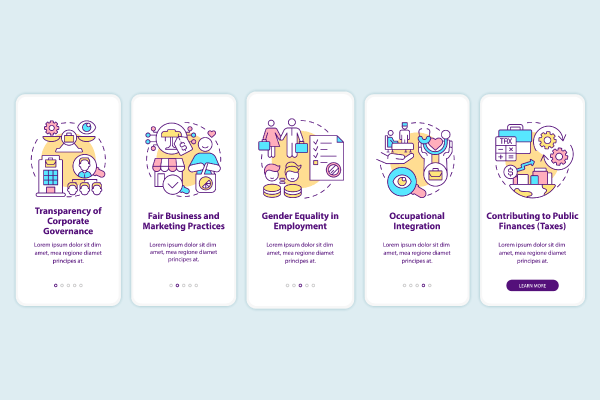 CSR related onboarding mobile app page screen set