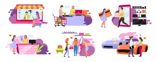Customers and sellers flat vector illustrations set