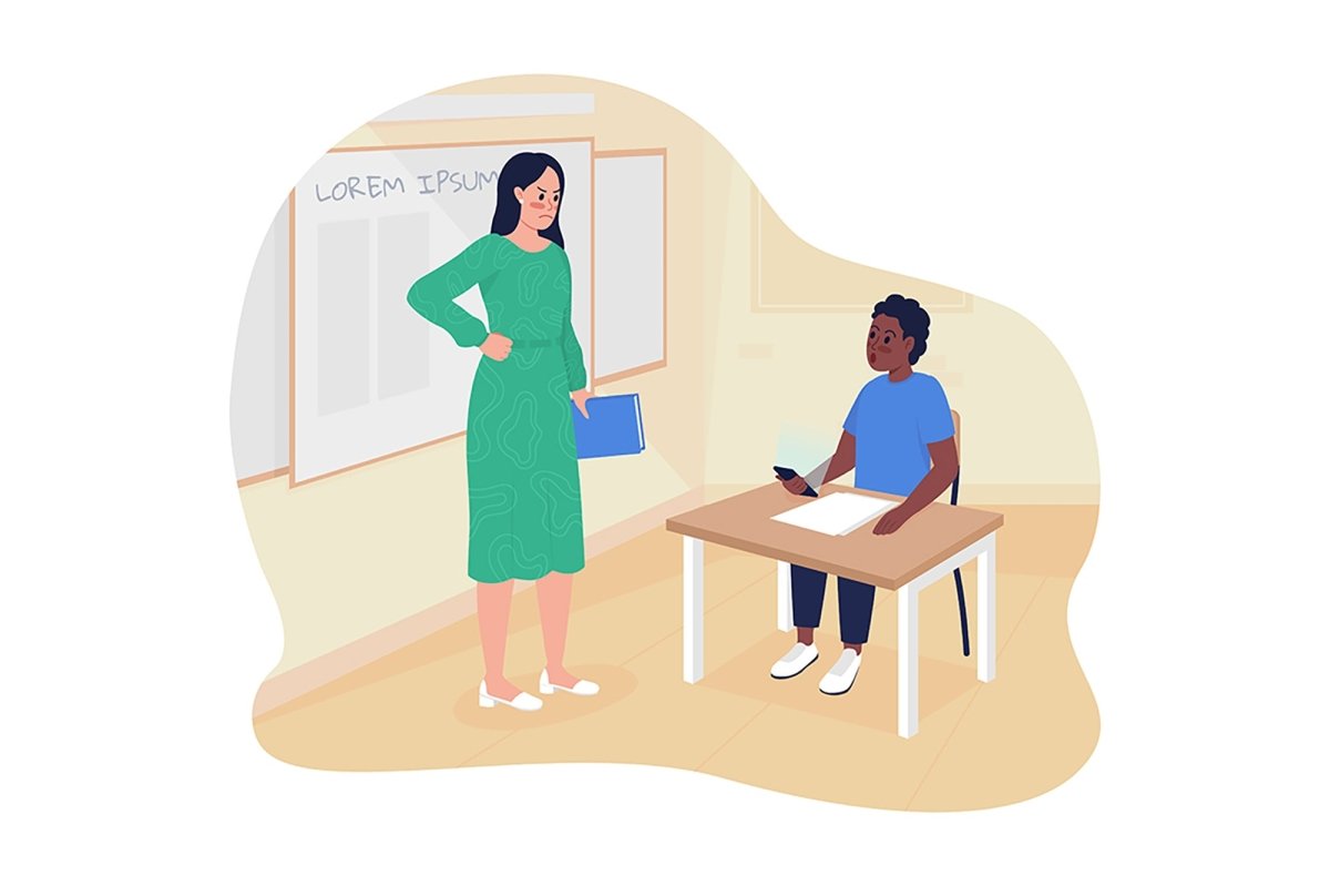Dealing with smartphones with classroom 2D vector isolated illustrations set