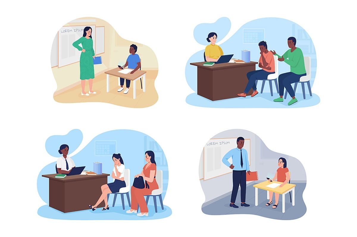 Dealing with smartphones with classroom 2D vector isolated illustrations set