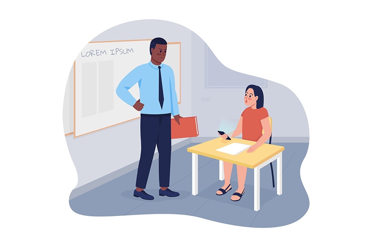Dealing with smartphones with classroom 2D vector isolated illustrations set