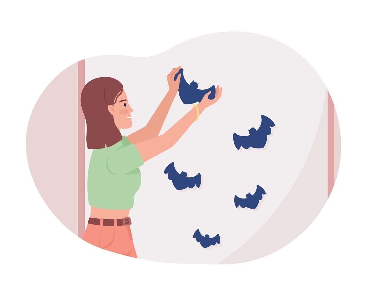 Decorating wall with flying bats 2D vector isolated illustration