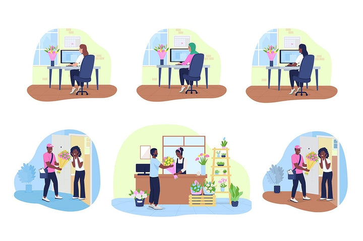 Delivering flowers 2D vector isolated illustration set