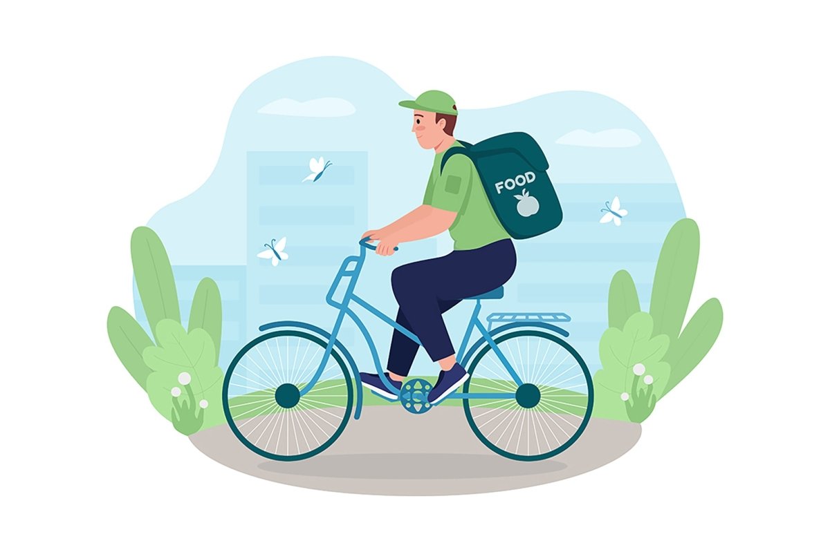 Delivery on bike 2D vector isolated illustration set