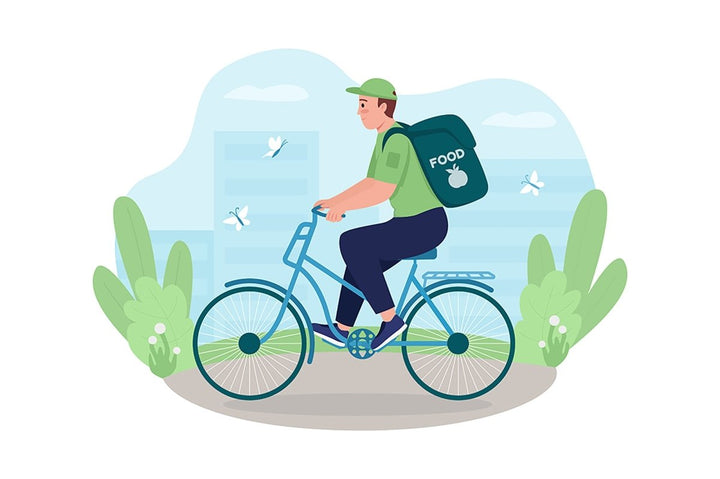 Delivery on bike 2D vector isolated illustration set