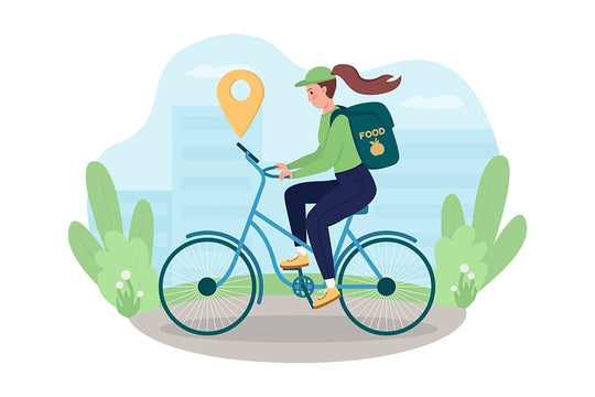 Delivery on bike 2D vector isolated illustration set