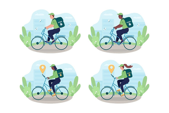 Delivery on bike 2D vector isolated illustration set