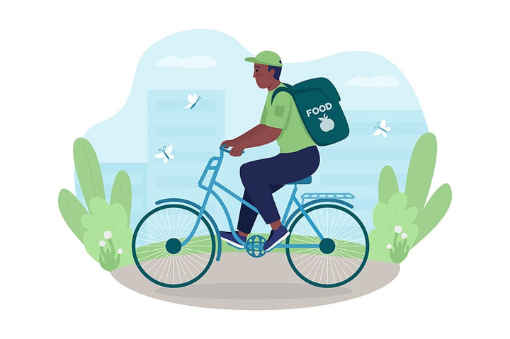 Delivery on bike 2D vector isolated illustration set