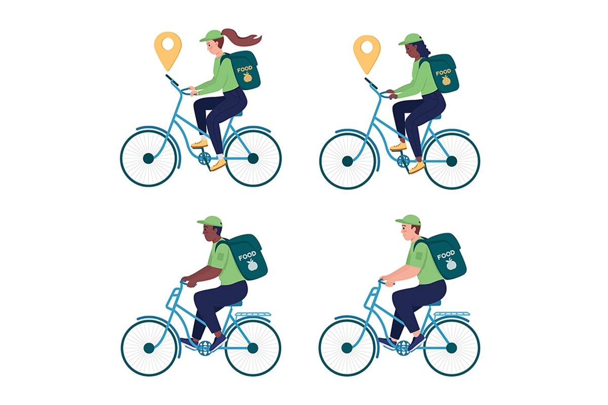 Delivery worker on bicycle semi flat color vector character set